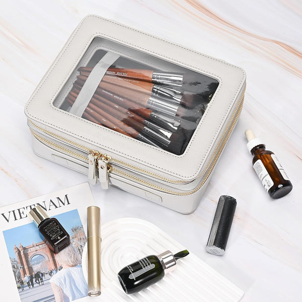 Aveniee Clear Makeup Bags, Double Layer Cosmetic Bags with a Separate Brush Compartment, Large Travel Toiletry Bag Train Case for Women, Travel