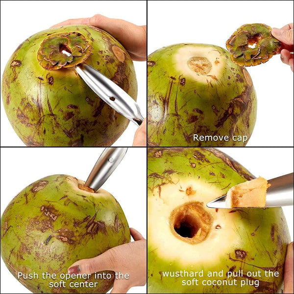 2 PCS Coconut Opener Tool Set Coconut Meat Remover Stainless Steel Coconut Opener Scraper Knife Coconut Punch Tool with Durable Non-Slip Wooden