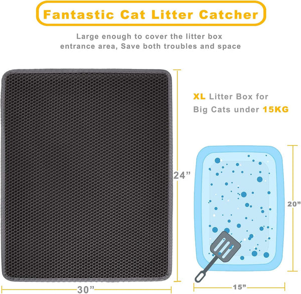 Cat Litter Mat Grey Trapping for Litter Box, XL Jumbo 30 X 24 In, Urine & Waterproof, Honeycomb Double Layer anti Tracking Kitty Mats, No