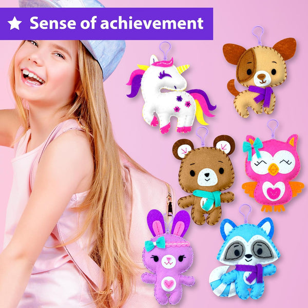 KRAFUN Unicorn Sewing Keyring Kit for Kids Age 7 8 9 10 11 12 Learn Art & Craft, Includes 6 Stuffed Animal Bear, Dog, Rabbit, Raccoon, Owl Dolls,