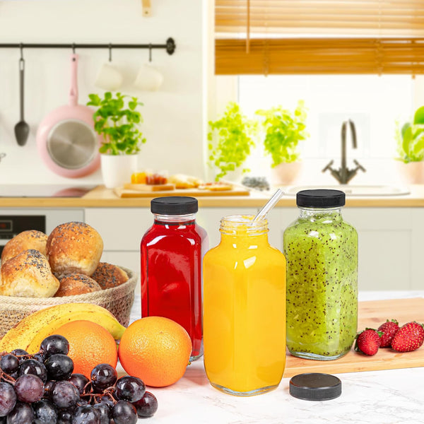 umud Juice Bottles with Lids, 16 Oz, Set of 3 | Clear Glass Jars with Caps, Reusable Empty Drink Containers, For Juicing, Smoothies, Water, Milk,