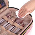 BAFAMYE Double Layer Travel Makeup Bag for Women, Large Cosmetic Case Organizer with Makeup Brush Compartment, Portable Train Case Make Up Bag for