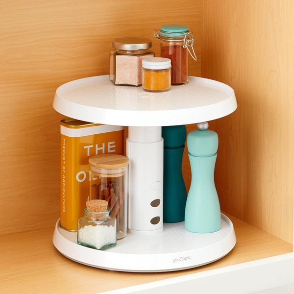 YouCopia Crazy Susan Two-Tier Turntable, Height-Adjustable Lazy Susan Organizer for Kitchen Cabinet and Pantry Organization and Storage, White Two
