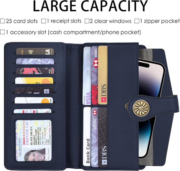 Travelambo Women's Wallet RFID Blocking Trifold Clutch Large Capacity Credit Card Holder Travel Purse ReNapa Blue Navy