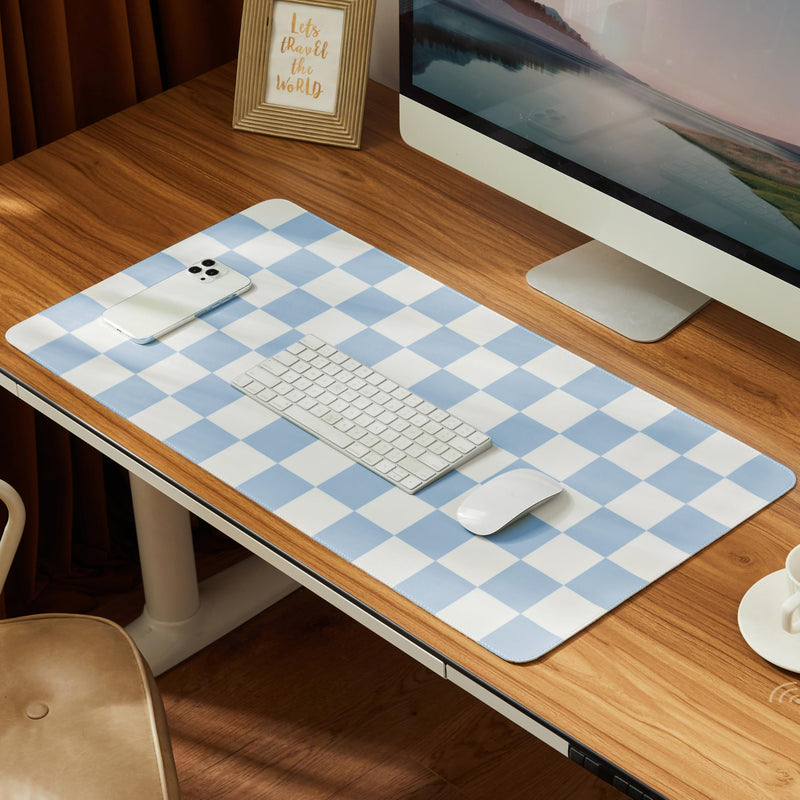 Checkered Desk Mat, 31.5" X 15.7" Large Cute Sky Blue Aesthetic Retro PU Leather Computer Laptop Desk Mat, Non-Slip Waterproof Mouse Keyboard Pad,