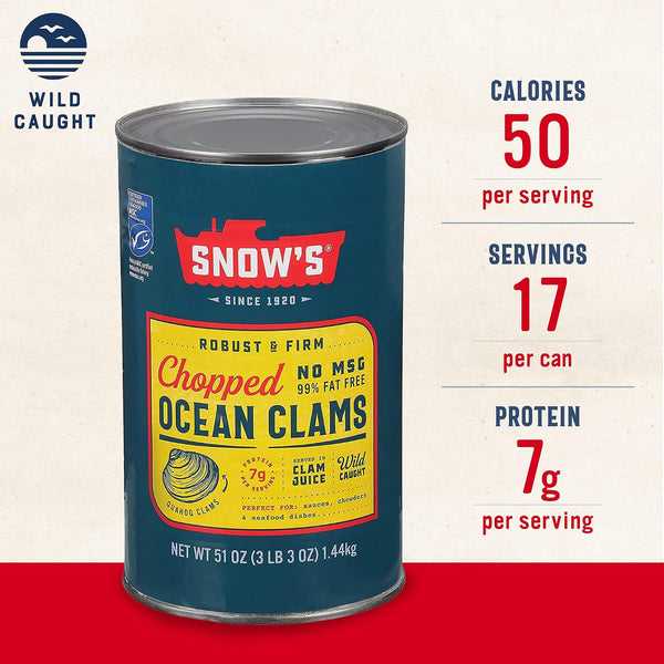 Snow's Ocean Chopped Clams Canned, 51 oz Can - 7g Protein per Serving - No MSG, 99% Fat Free - Great for Pasta & Seafood Recipes Chopped Ocean