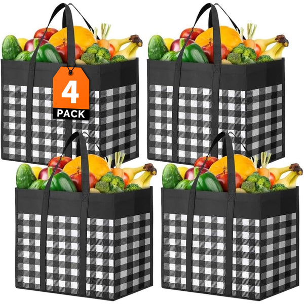 WOWBOX Reusable Grocery Bags, Foldable Reusable Shopping Tote Bags Black 4 Pack