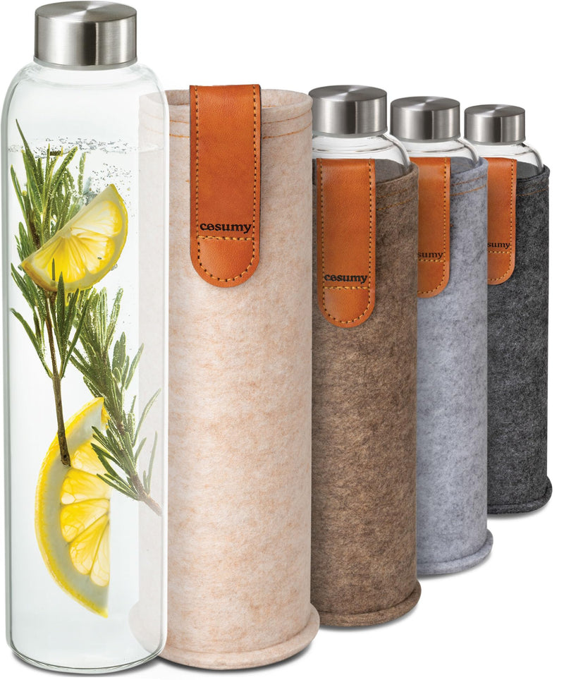 Cosumy Glass Water Bottle 25oz with Felt Sleeve - Borosilicate Glass - Leakproof Lid - BPA Free - Ideal for Work, Travel & Gym (Beige)
