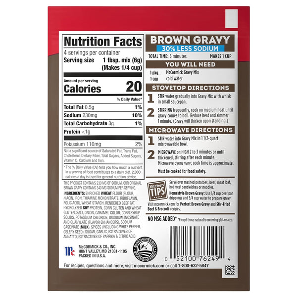 Mccormick 30% Less Sodium Brown Gravy Mix, 0.87 Oz (Pack of 12)