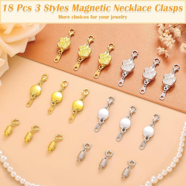 18 Pcs 3 Styles Magnetic Necklace Clasps and Closures, Rose Round Cylindrical Jewelry Magnetic Clasp Connector Locking Magnetic Clasp Bracelet