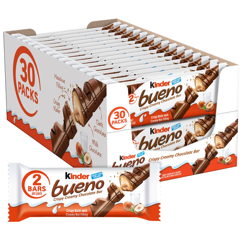 Kinder Bueno Milk Chocolate Bars with Hazelnut Filling, 30 Packs of 2, Bulk Chocolate Candy Bars for Game Day, Football Party Supplies, Snacks for