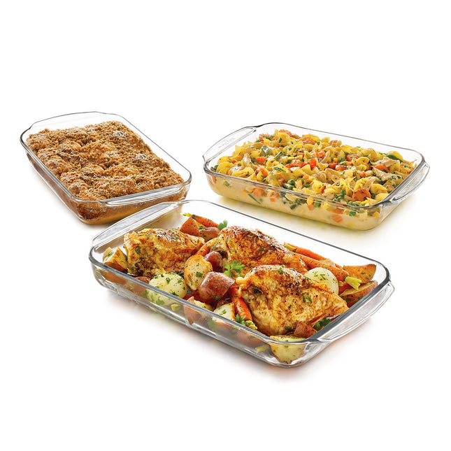Libbey Baker'S Basics 3-Piece Rectangular Glass Casserole Baking Dish Set, Clear, 2 Qt, 2.7 Qt, 3.4 Qt, Transparent, Sta