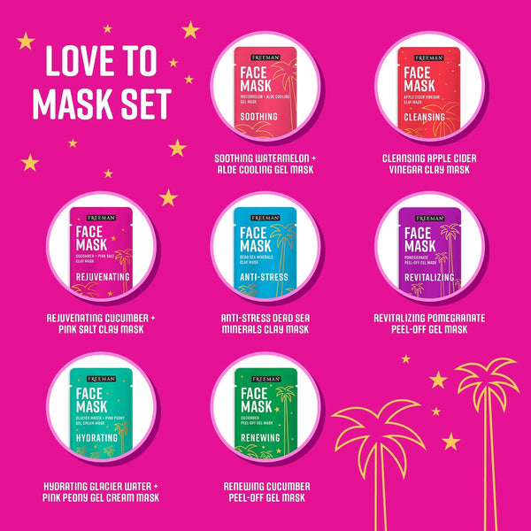 Freeman 14 Piece Love To Mask Variety Pack, Facial Masks For All Skin Types, Hydrate, Detoxify, & Clear Skin, Exfoliating Scrub, Bonus Headband