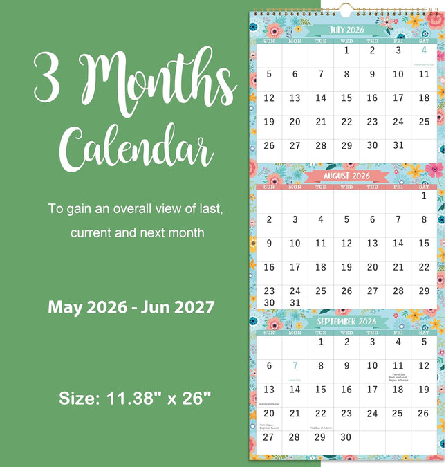 Calendar 2025-2026 - May. 2025 - Jun. 2026, 3 Month Display Wall Calendar (Folde