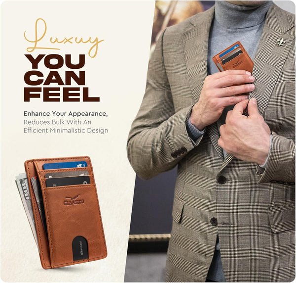 Claasico Front Pocket Small Minimalist Leather Wallet RFID Blocking Vintage Leather Credit Card Holder with Gift Box California Dessert