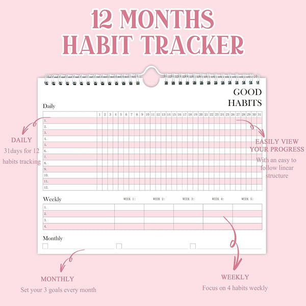 Habit Tracker Journal - Undated Weekly & Monthly Planner with Spiral Binding12Months, 8.5"x11' Pink Pink Habit Tracker