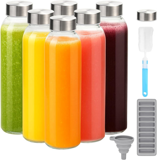 Zukro Glass Juice Bottles with Lids for Juicing 18 Oz, Reusable Clear Glass Water Bottles with Stainless Steel Airtight Cap for Refrigerator, 100%