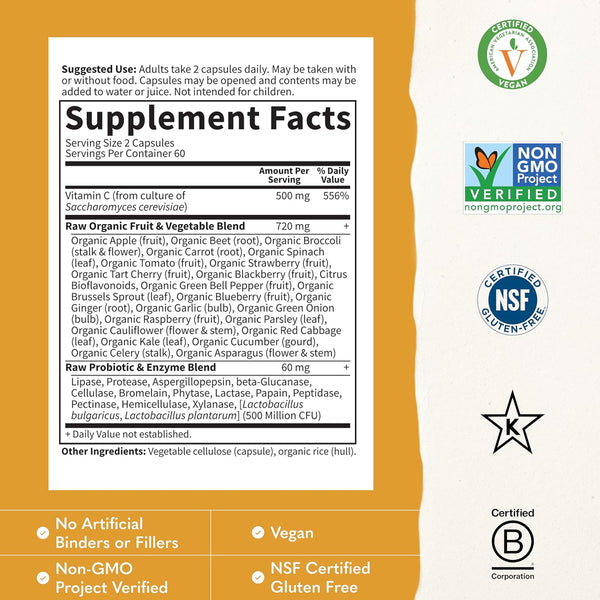 Garden of Life Vitamin Code Raw Vitamin C - 120 Capsules, 500mg Whole Food Vitamin C Capsules + Fruit & Veggie Blend & Probiotics, Supplements for