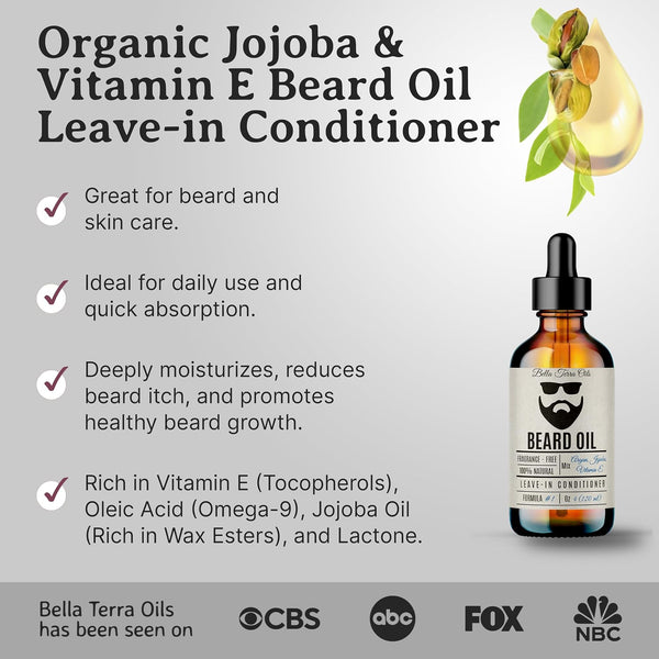 Bella Terra Oils - Beard Oil 4oz - Crafted with Genuine Natural Natural Vitamin E, Natural Jojoba & Argan, Classic Anti-Friz Formula, Elevating