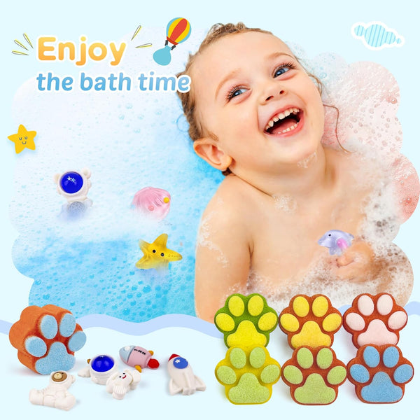 Bath Bombs for Kids with Surprise Inside, 32 Pack Paw Bath Bombs with Toy, Ocean Animals and Space Planet Toys SPA Fizzy Handmade Natural Bath
