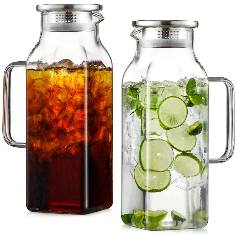 Netany 2 Pack 2 Liters/68 Oz Square Glass Pitcher with Lid and Handle for Fridge, Iced Tea and Coffee Carafe Beverage Serveware, Heat Resistant