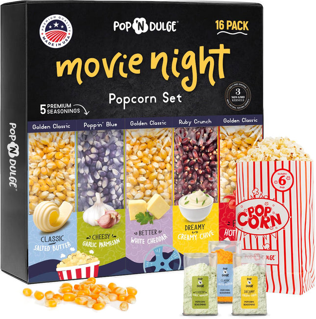 Pop N' Dulge Popcorn Movie Night Supplies 16 Pcs Gift Set, 5 Gourmet Popcorn Ker