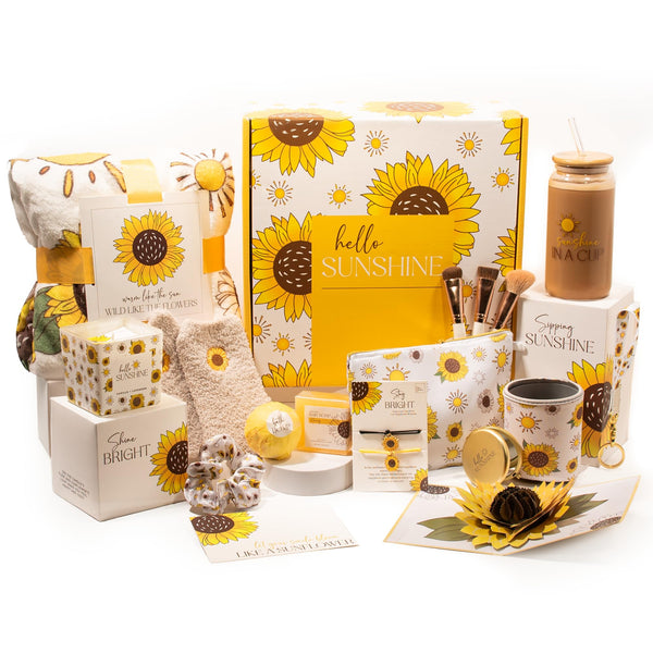 The Love Crate Co Sunflower Gifts for Women, Sunshine Gift Box | 15-Piece Gift-Ready Care Package with Blanket, Glass Tumbler & Spa Gifts for