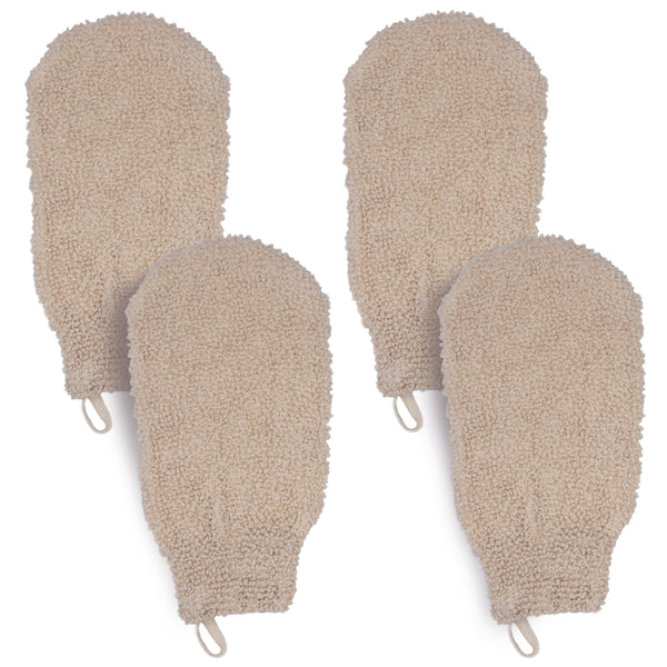 (4 Pack) Natural Exfoliating Cotton Bath Mitt Shower Gloves Loofah Washcloth Sponge Machine Washable Body Scrubber (Gentle Ramie)