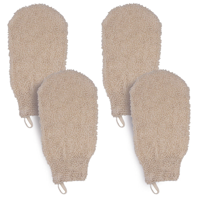 (4 Pack) Natural Exfoliating Cotton Bath Mitt Shower Gloves Loofah Washcloth Sponge Machine Washable Body Scrubber (Gentle Ramie)