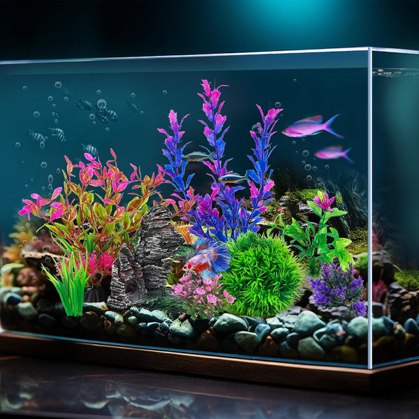 Ameliade Aquarium Artificial Plastic Plants Decorations and Rock Cave Decor Set Goldfish Betta Fish Tank Accessories Small Large Fish Bowl
