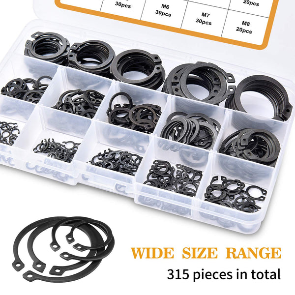 VIGRUE 315Pcs Snap Ring Shop Assortment Alloy Steel External Circlip Snap Retaining Clip Rings Set, 15 Sizes Black 315PCS