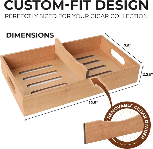 Mantello Cigars Spanish Cedar Cigar Tray - Adjustable Divider, Fits Large Humidors, for Humidor or Walk-in Closet 12.5" x 7.5"x 2.25