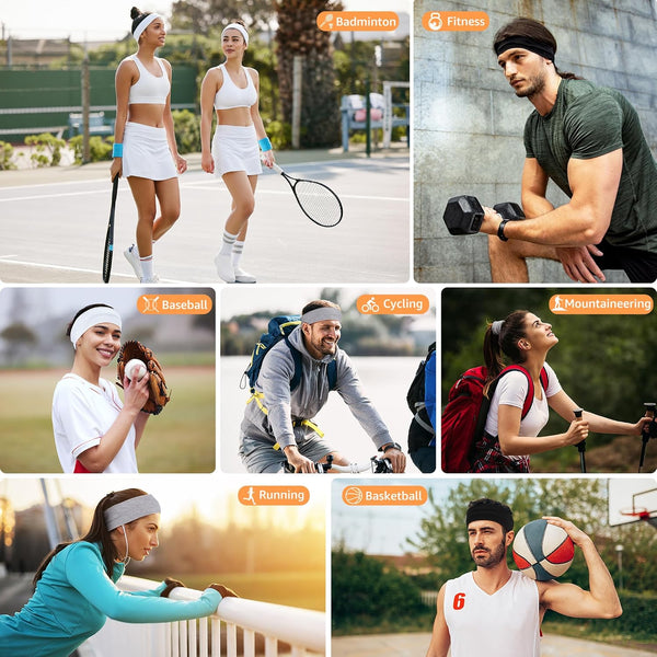 DiyJibb Headbands for Women, Stretchy Non Slip Soft Cotton Cloth Hair Bands for Sports, Workout, Yoga and Running, 7pcs Black, white, light grey