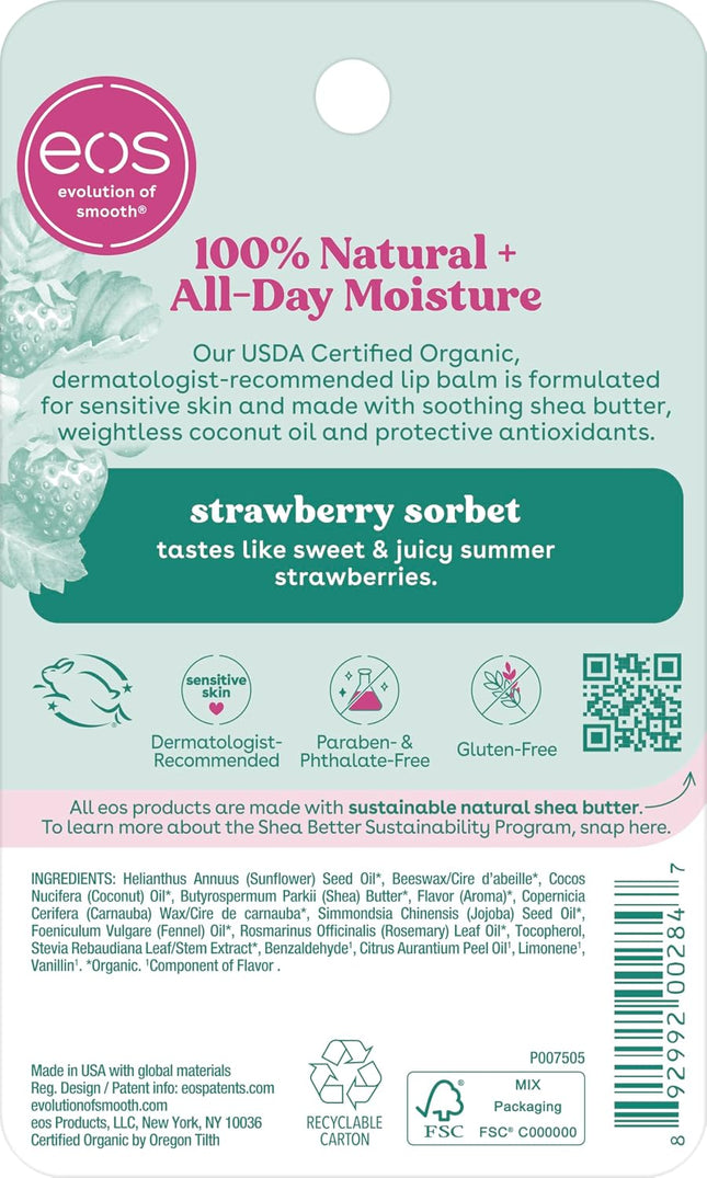 eos 100% Natural & Organic Lip Balm - Strawberry Sorbet, All-Day Moisture, Dermatologist Recommended for Sensitive Skin Care, Lip Care Products,