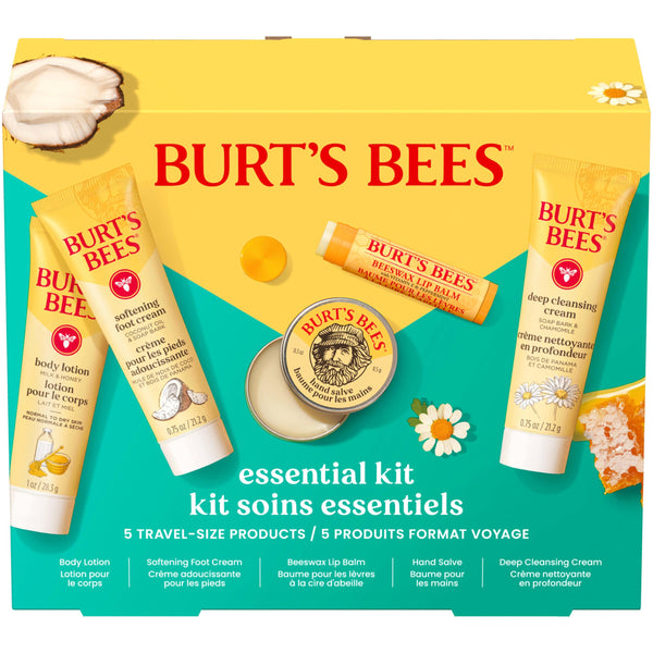 Burt's Bees Mothers Day Gifts Ideas - Essentials Everyday Set, 5 Travel Size Products - Deep Cleansing Cream, Hand Salve, Body Lotion, Foot Cream