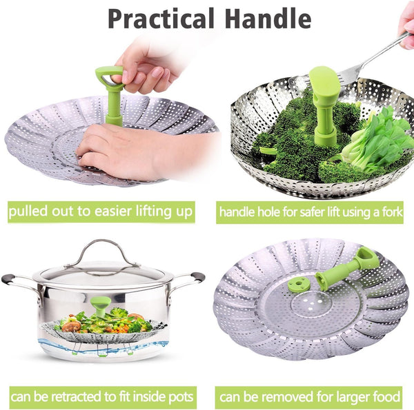 Consevisen Vegetable Steamer Basket for Cooking Food, Stainless Steel Veggie Steam Basket for Pot, Folding Expandable Steaming Insert with