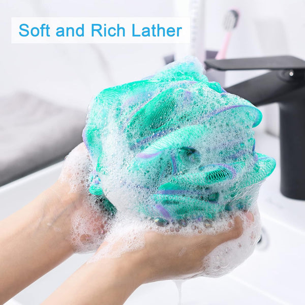 Amazerbath Loofah Sponge 75G/Piece, Exfoliating Bath Sponge Body Scrubber - Loofa Set of 4 Flower Color (Large, Green-Purple)