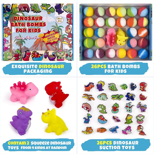 26+2 PCS Bath Bombs for Kids with 26 Dinosaur Suction Toys Inside, Organic Kids Bath Bombs Gift Sets with 2 Squeeze Dinosaur Toys for Boys & Girls