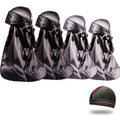 4PCS Silky Durags for Men Women 360 Waves with 1 Wave Cap, Silky Satin Durag Extra Long Tails Black Black Gray Gray