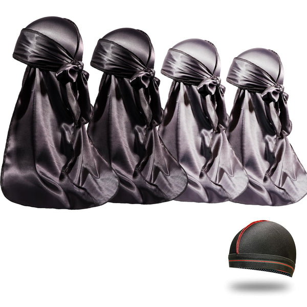 4PCS Silky Durags for Men Women 360 Waves with 1 Wave Cap, Silky Satin Durag Extra Long Tails Black Black Gray Gray