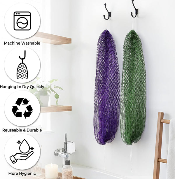 Authentic African Net Sponge with Knots - 2 Pieces Exfoliating Body Sponge Purple & Green - Back Scrubber Shower Exfoliator for Women Personal