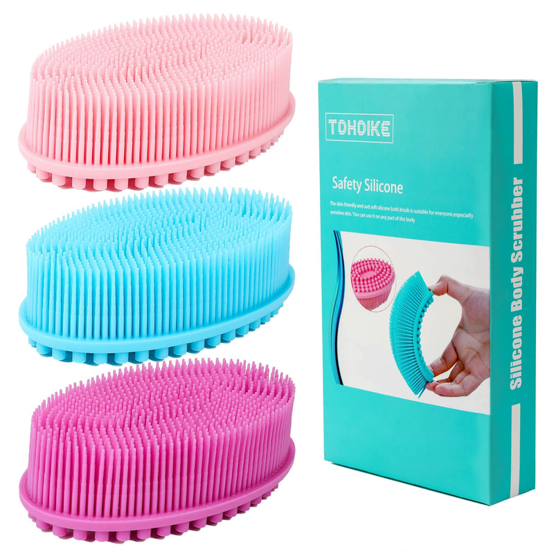 TDHDIKE Silicone Body Scrubber Loofah - Set of 3 Soft Exfoliating Body Bath Shower Scrubber Loofah Brush for Sensitive Kids Women Men All Kinds of