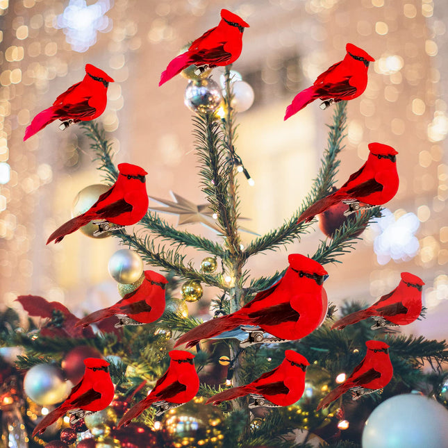 Berfutall-Cardinal Clip On Christmas Tree Ornament Decorations - Red Feathers Set of 12 Pieces Each is 2.8" Lon(A) A 12p