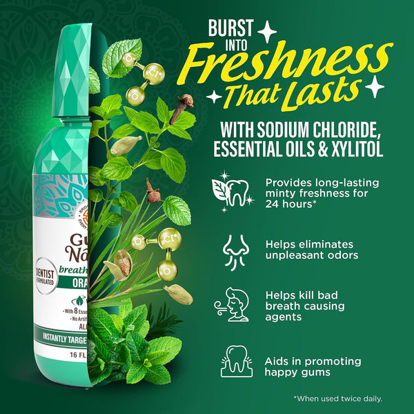 GuruNanda Fresh Breath Mouthwash – 12-Hour Fresh Breath & Helps Fight Bad Breath – ADA Accepted, Alcohol & Fluoride-Free Oral Rinse, Wild Mint -