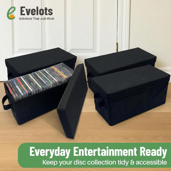 Evelots CD Storage Boxes (4 Pack) Durable CD Case Organizer with Lid, Disc Container Set Holds up to 128 Discs, Black