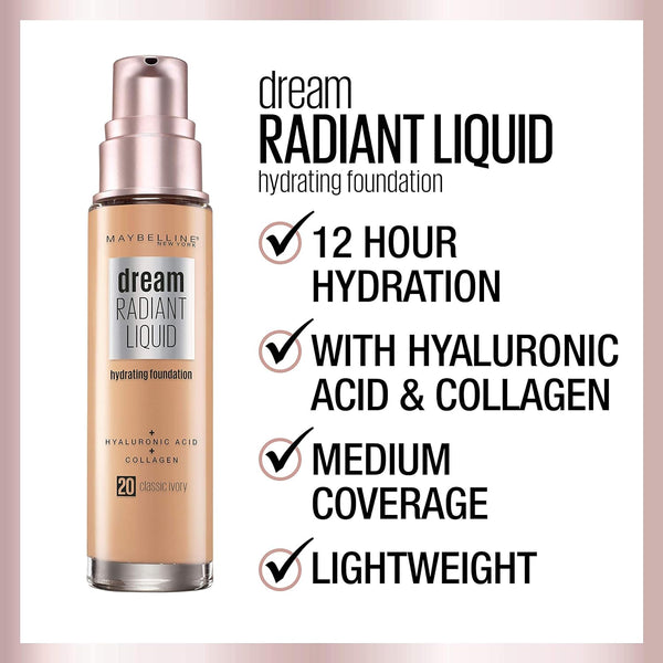 Maybelline Dream Radiant Liquid Medium Coverage Hydrating Makeup, Lightweight Liquid Foundation, Coconut, 1 Count