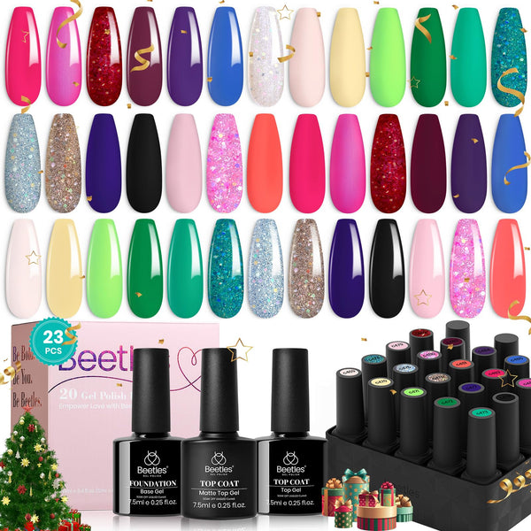 Beetles Glitter Gel Nail Polish Set, 23pcs Gel Polish Brown Pink Blue Purple Green Soak Off UV Kit with Glossy Matte Top and Base Coat 20 Colors