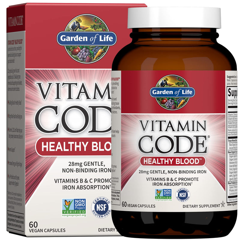 Garden of Life Vitamin Code Healthy Blood - Iron Supplement for Women, 60 Vegan Capsules, with Vitamins B, C, Trace Minerals, Fruit Veggies,