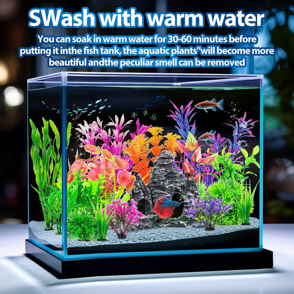Cousduobe 13Pcs Aquarium Plants Cave Rock Decor Set& Fish Tank Artificial Plasticplants,Fish Tank Accessories Small Large Aquarium Decorations Kit