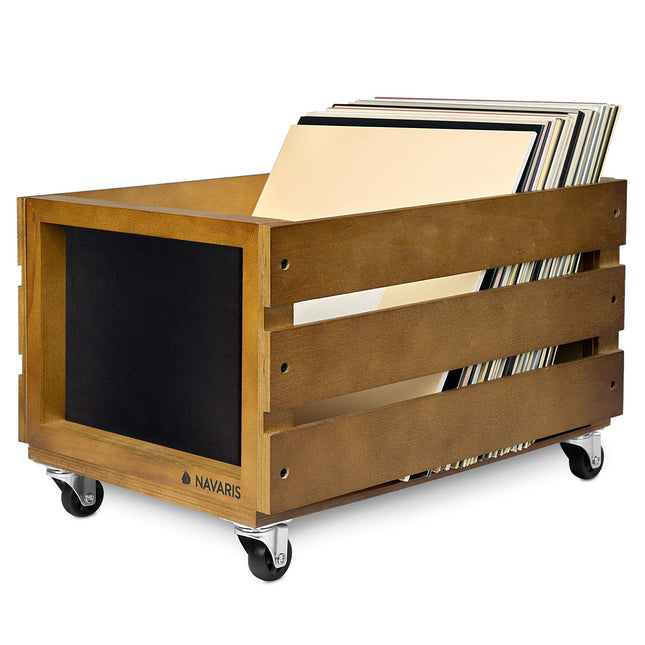 Navaris Wood Record Crate with Wheels - Vinyl Album Storage Holder Box Wooden Case with Chalkboard Sign Board - Holds up